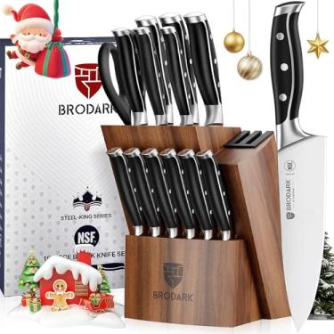 Imagem de BRODARK Kitchen Knife Set with Block, Full Tang 15 Pcs Professional Chef Knife Set with 2 Stage Knife Sharpener, NSF Certified German Stainless Steel Knife Block Set, Steel-king Series with Gift Box