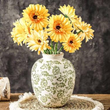 Imagem de Vaso vintage de cerâmica, vaso decorativo de flores verdes, decoração chinesa, rústico, quinta, retrô, floral, para mesa, estante, cornija, cozinha, sala de estar, escritório, 19,8 cm, verde