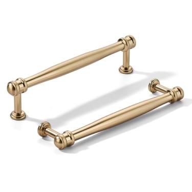 Imagem de khtumeware Pacote com 10 puxadores de armário de bronze champanhe central de 6 polegadas (152 mm), alça sólida para armário de cozinha resistente, ferragens de armário para penteadeira, puxador de