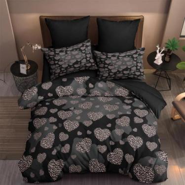 Imagem de Conjunto de edredom Coutuechen Heart Queen Size Preto Rosa Leopard - C