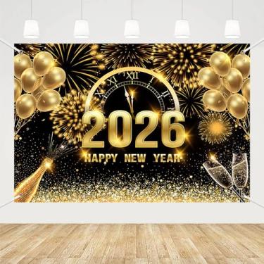 Imagem de MEHOFOND 2,4 x 1,8 m preto e dourado 2026 Happy New Year Backdrop Cheers to 2026 Véspera de Ano Novo Glitter Fotografia Fundo Olá 2026 Festa Champagne Balão Decoração Banner Bolo Smash Foto Adereços