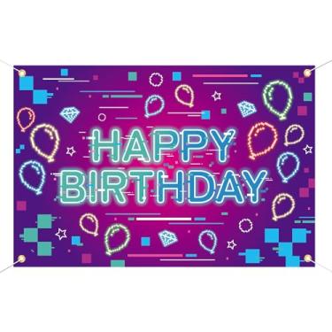 Imagem de Cenário Banner Aniversário em Pixel, 150x100cm Balão Colorido Cenário Feliz Aniversário para Meninos Meninas Suprimentos Festas Temáticas Videogame e Adereços para Fotos