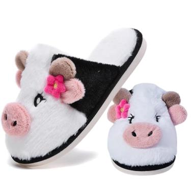 Imagem de Aucomfo Pantufas de vaca para mulheres e homens, para uso interno, ao ar livre, casa, quarto, pantufa, engraçado, coisas de vaca, presentes, Flor de inverno branca, 8 Women/7 Men