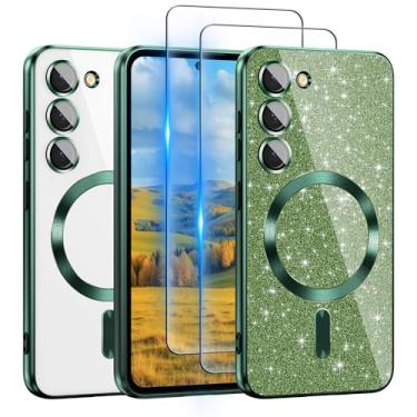 Imagem de Capa para Samsung Galaxy S23 compatível com MagSafe, [cartão de glitter e 2 peças de películas HD] Linda capa brilhante brilhante [nunca amarela], fina, à prova de choque, antiarranhões, macia e