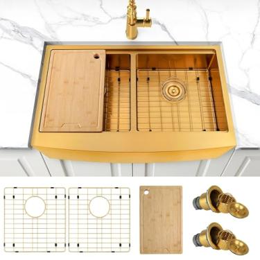 Imagem de Zeesink Pia de cozinha de fazenda frontal com avental 83,8 cm x 50,8 cm, tigela dupla, pia de aço inoxidável calibre 16 para estação de trabalho