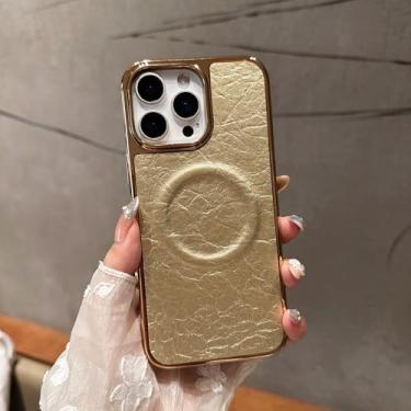 Imagem de HJZSZX Capa de celular luxuosa com revestimento de couro e carregador sem fio para iPhone 15 Pro (dourada para iPhone 15 Pro/SM)
