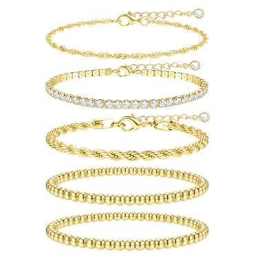 Imagem de TEN MIRO Pulseiras femininas de ouro grosso 16 k que não mancham, pulseiras femininas de corrente grossa em camadas empilhadas, pulseiras de elos à prova d'água, corda de tênis, satélite, miçangas