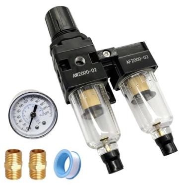 Imagem de YSIL Filtro de ar pneumático NPT de 1/10.2 cm, regulador de pressão, filtros duplos, sistema de secagem de ar, filtro de compressor com medidor AW2000+AF2000, dreno semiautomático 3 em 1, duas