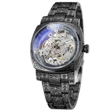 Imagem de WENFVVIN Relógio de pulso masculino automático de alta qualidade vintage esqueleto automático analógico quadrado com pulseira de aço inoxidável, Preto