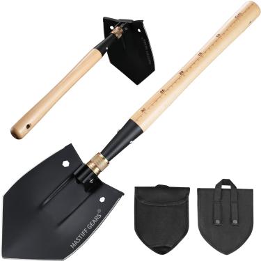 Imagem de MASTIFF GEARS Pá de sobrevivência dobrável – cabo de madeira, ferramenta de entrincheiramento militar de aço carbono resistente para acampamento, off-road, praia e escavação em todo o terreno (Punho