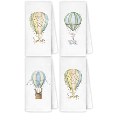 Imagem de Exqcom Toalhas de mão infantis com balão de ar quente para banheiro, aquarela leopardo hipopótamo girafa zebra toalhas de mão decorativas, decoração de banheiro para meninos e meninas, toalha de