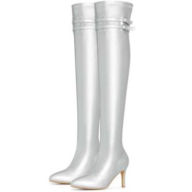 Imagem de Perphy Botas femininas de salto alto com bico fino acima do joelho e zíper, Prata, 36