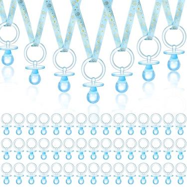 Imagem de 60 chupetas de chá de bebê, colar de acrílico para chupones para chá de bebê, chupetas, lembrancinhas de festa, pingentes para meninas, meninos, jogos de chá de bebê, decoração de mesa de festa (azul)