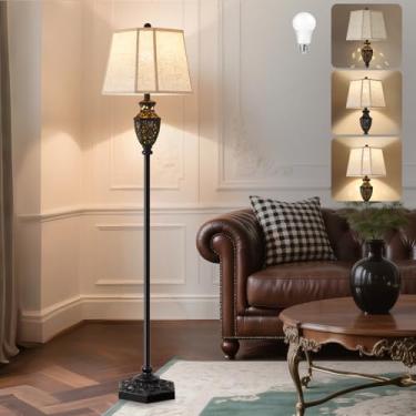 Imagem de Luvkczc Luminária de chão preta vintage - resina dourada pintada à mão com luz noturna vazada esculpida em 6 lados, lâmpada tradicional para sala de estar, quarto, estudo (lâmpada incluída)