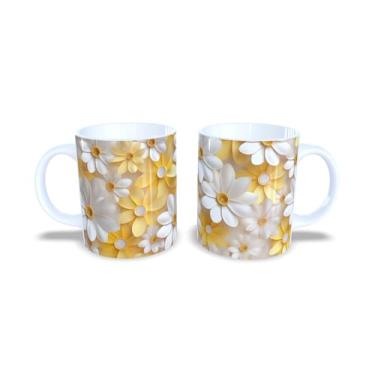 Imagem de Caneca de Cerâmica 325ml com Design de Flores 3D Coloridas, Estampa Floral Rosa, Azul e Amarelo (14139)