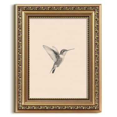 Imagem de VIYYIEA Arte de parede emoldurada a ouro, impressão em tela beija-flor, decoração de casa, pintura de arte vintage, decoração de parede de banheiro, arte de animais para sala de estar, quarto, cozinha