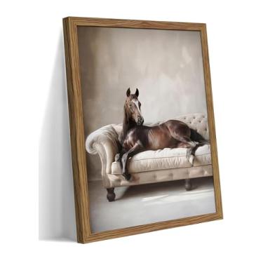 Imagem de Arte de parede de cavalo engraçado emoldurado, cavalo marrom vintage deitado em tela de sofá, decoração de parede ocidental de casa de fazenda moderna, impressões de imagens de animais Grace para sala