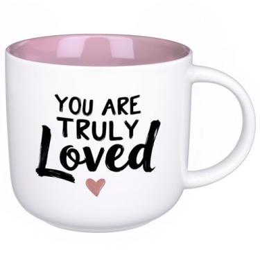 Imagem de ONRRI Caneca de café de cerâmica de 382 g com interior rosa, frase You Are Truly Loved, impressão dupla face, segura para micro-ondas, copo de presente para mulheres e amigas