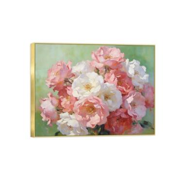 Imagem de BMZFYBS Pintura de arte de parede de flores - imagem de decoração vintage - flores brancas e rosa - impressões em tela moldura dourada para sala de estar 50 x 65 cm 20 x 26 pol