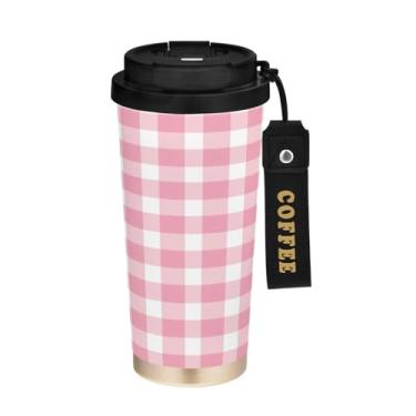 Imagem de YETTASBIN Caneca de café Buffalo Plaid com isolamento térmico de 482 g com tampa canudo, copo à prova de derramamento e vazamento com alça para bebida quente e fria, garrafa de água de aço inoxidável