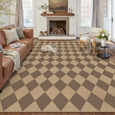 Imagem de PureCozy Tapete quadriculado de juta fácil de 20 x 25 cm para sala de estar, grande quadriculado, lavável, interior, exterior, quinta, pátio, escritório, tapete geométrico, antiderrapante, marrom