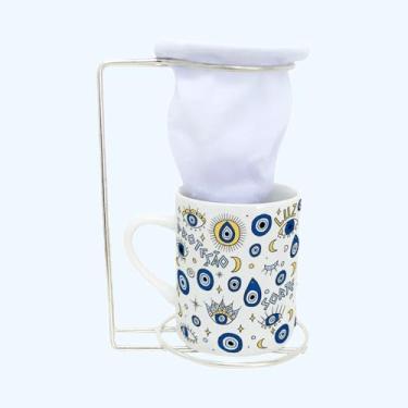 Imagem de Caneca de Porcelana com Coador Olhos Gregos – Café Fresco na Hora, Design Místico e Uso Diário
