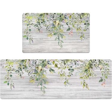 Imagem de Zussun Tapetes de cozinha para chão acolchoados antifadiga verde eucalipto conjunto de 2 tapetes de cozinha antiderrapante à prova d'água confortável espuma viscoelástica tapete de chão para