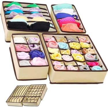 Imagem de Organizador de Gavetas 4 Peças em Tecido Premium – Kit com Divisórias para Meias, Lingerie, Cuecas e Acessórios – Dobrável, Resistente e Super Prático
