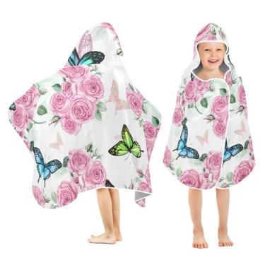 Imagem de Burbuja Toalha de banho com capuz Roses Butterflies para crianças, toalha de praia de pelúcia macia absorvente para meninas e meninos 3-10 anos, 61 x 127 cm