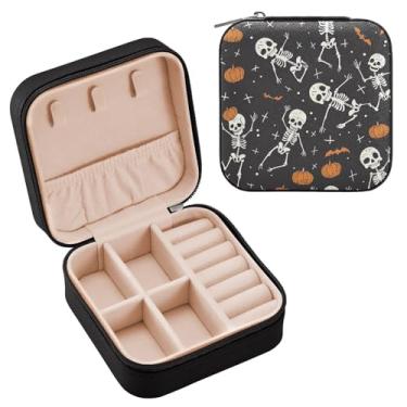 Imagem de YETTASBIN Caixa de joias de caveira de Halloween para adolescentes, meninas, mulheres, presente de aniversário, Natal, caixa de armazenamento portátil de couro PU, mini estojo de joias de viagem para