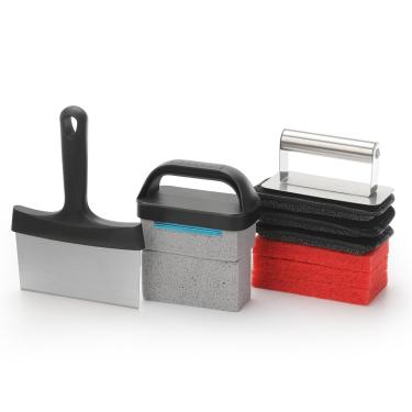 Imagem de LANMU Kit de limpeza de chapa compatível com Blackstone, kit de limpeza de grelha de topo plano, raspador de grelha, bloco de limpeza de tijolos, almofada de escova de chapa fácil de remover manchas