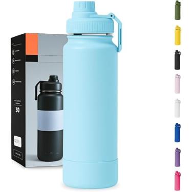 Imagem de Garrafa Térmica 1000ML - Duplamente Isolada, Aço Inox 304, Base Emborrachada Anti Derrapante, Mantém Bebidas Quentes por 12 Horas e Geladas por 24 Horas (Azul Claro Slin)