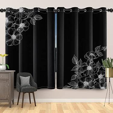 Imagem de SIEDYCV Cortinas de janela pretas florais vintage 106 x 153 cm flor peônia elegante cortinas de janela pretas cortinas blecaute com isolamento térmico com ilhós para decoração de quarto e sala de