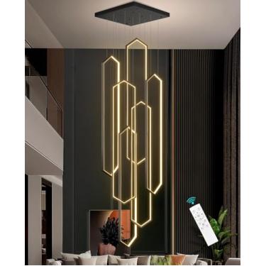 Imagem de Lustre moderno para sala de estar, em alumínio, com 6 anéis de LED, preto, grande, moderno, para escadas, dimerizável, para tetos altos, com controle remoto, adequado para iluminação de ilha