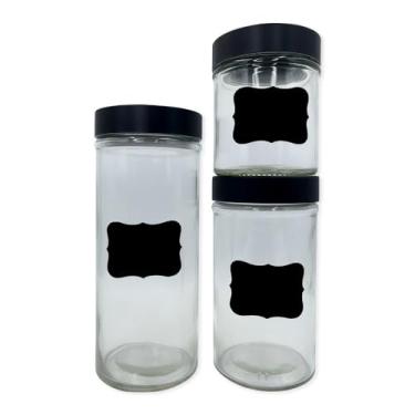 Imagem de Conjunto 3 Potes de Vidro com Tampa de Ferro e Adesivo Lousa, Preto, Transparente, 360ml/560ml/810ml, Organizador para Cozinha