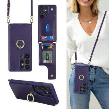 Imagem de Lipvina Capa para Samsung Galaxy S25 Ultra com suporte para cartão e alça para mulheres, cordão transversal, suporte de anel, fecho de pressão, capa carteira para celular 6,9 polegadas (roxo escuro)