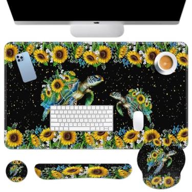 Imagem de Britown Tapete de mesa de margaridas de girassol amarelo, conjunto de mouse pad floral de folhas de tartaruga 4 em 1 grande mousepad + teclado descanso de pulso + descanso de pulso para mouse +