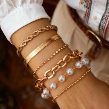 Imagem de Pulseiras femininas de ouro grosso de pérola para mulheres, pulseira de punho empilhado, joias, presentes de dia dos namorados para ela presentes de amizade, Medium, Latão, Sem Pedra Preciosa