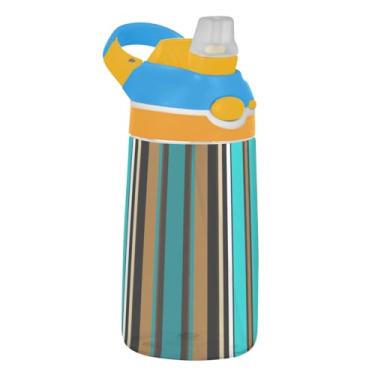 Imagem de Garrafa de água infantil Tritan de 473 ml, reutilizável, 473 ml, com copo infantil portátil à prova de vazamento, alça de transporte, listras vintage chique, turquesa