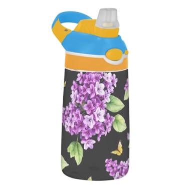 Imagem de Garrafa de água esportiva infantil de 473 ml com tampa de palha, garrafa de água Tritan reutilizável de 473 ml, copo infantil portátil à prova de vazamento, alça de transporte, borboletas lilases