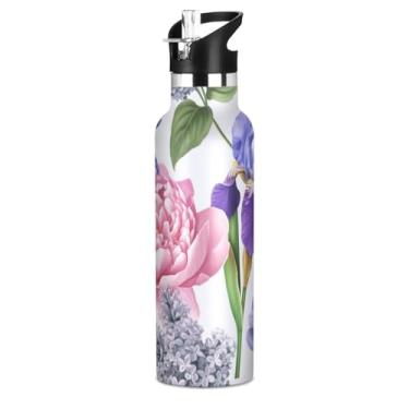 Imagem de Garrafa de água infantil isolada de 590 ml com tampa de palha, rosa pastel e roxo floral, garrafa de água esportiva de aço inoxidável com alça, copos infantis sem BPA