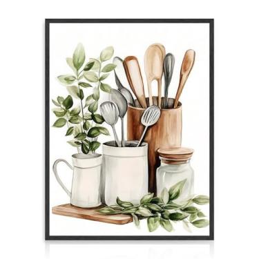 Imagem de Dazzlewall Decoração de parede de cozinha botânica em aquarela, verde sálvia, folhas de eucalipto, utensílios de cozinha, pôster de parede para cozinha, sala de jantar, decoração de cantina 30,5 x