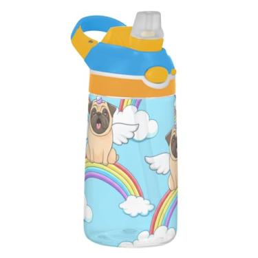 Imagem de Garrafa de água esportiva infantil Tritan de 473 ml com tampa de palha, garrafa de água portátil para escola, à prova de vazamento, copo infantil de 473 ml, alça de transporte, fofo Pug RainbowUnicorn
