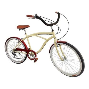 Imagem de Bicicleta Masculina Aro 26 Estilo Retrô 6v Bege C/Vermelho