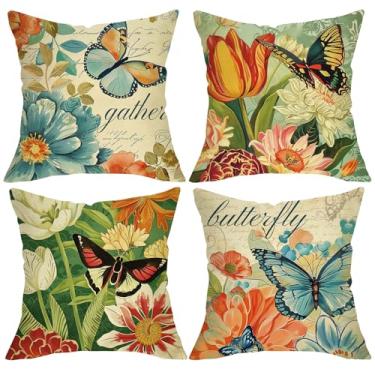 Imagem de Fjfz Capas de almofada decorativas primavera verão borboleta floral 45,7 x 45,7 cm conjunto de 4, decoração de casa ao ar livre, decoração de casa de fazenda, sofá de casa de fazenda, capa de almofada