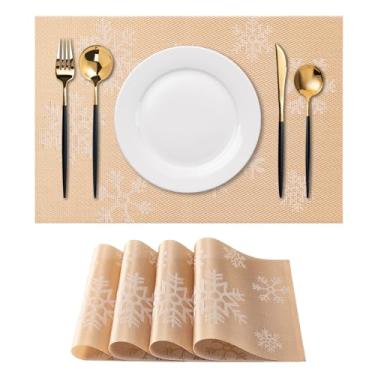 Imagem de CADONO Jogo americano conjunto de 4 tapetes de vinil laváveis para mesa de jantar, antiderrapante, resistente ao calor, tapetes de mesa de tecelagem de PVC (Natal, neve dourada)