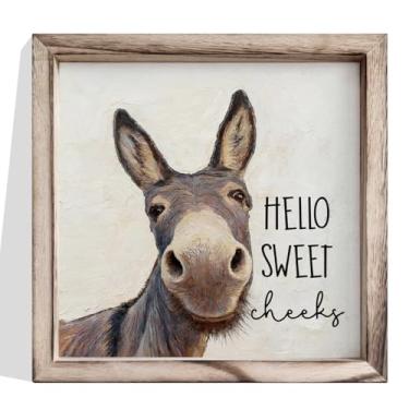 Imagem de Decoração de parede de banheiro, placa de burro Hello Sweet Cheeks, impressão artística de burro de fazenda, decoração de parede de madeira emoldurada para banheiro ou lavabo, decoração de casa