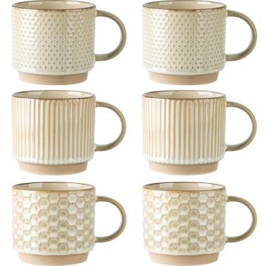 Imagem de GBhome Conjunto de 6 canecas de café empilháveis de 350 ml, canecas de café de cerâmica com padrões de textura para homem, mulher, pai, mãe, canecas de café modernas para latte/cappuccino/cacau