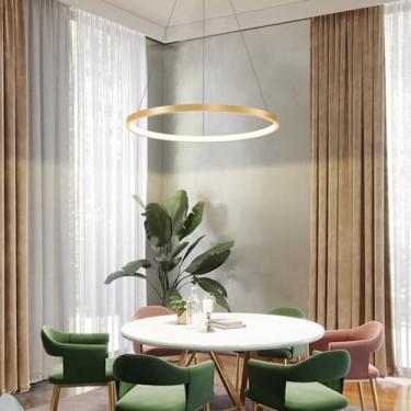 Imagem de Luminária pendente redonda para mesa de jantar, moderna, com LED, lustre para sala de estar, dimerizável com controle remoto, ideal para escritórios, salas de estar e cozinhas (Dourada, 80 c