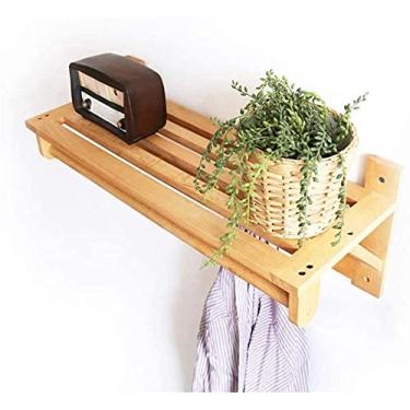 Imagem de Cabide para cabide montado na parede com 5 ganchos | Unidade de armazenamento de madeira montada na parede com prateleira em acabamento de carvalho claro armazenamento montado (tamanho: 60 x 23 x 23